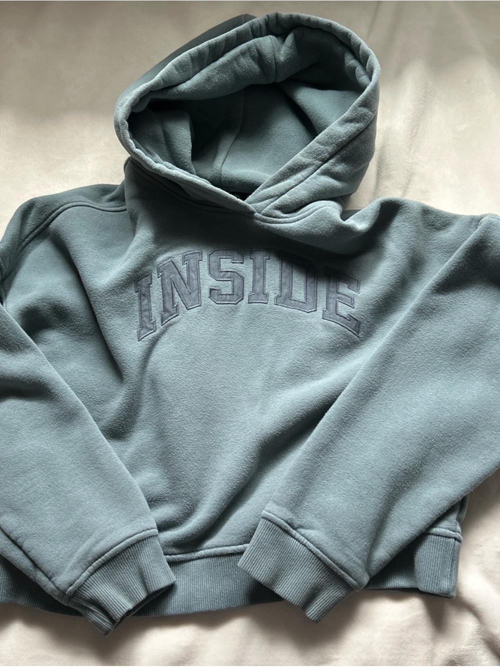 Roots Women's Hoodie in Dusty Teal with Embroidered 'INSIDE & OUTSIDE’